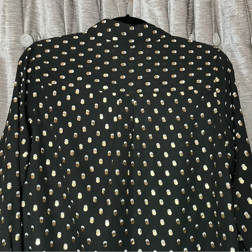 NWT Who What Wear Black Button Down Shirt with Gold & White Polka Dots Medium